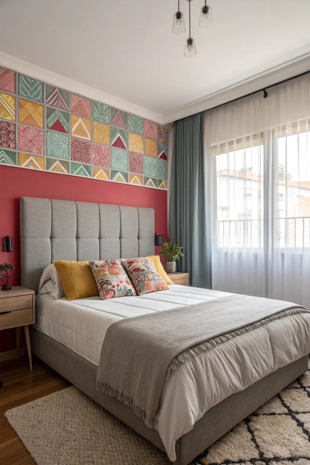 A striking accent wall behind a grey headboard adds depth to the bedroom.