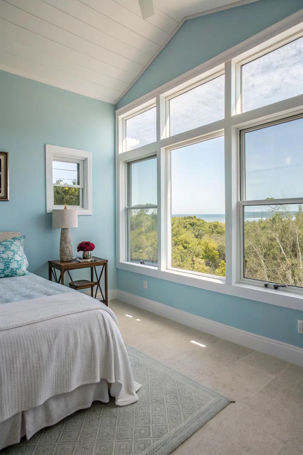 A guest room featuring blue haze walls for a light, airy feel.