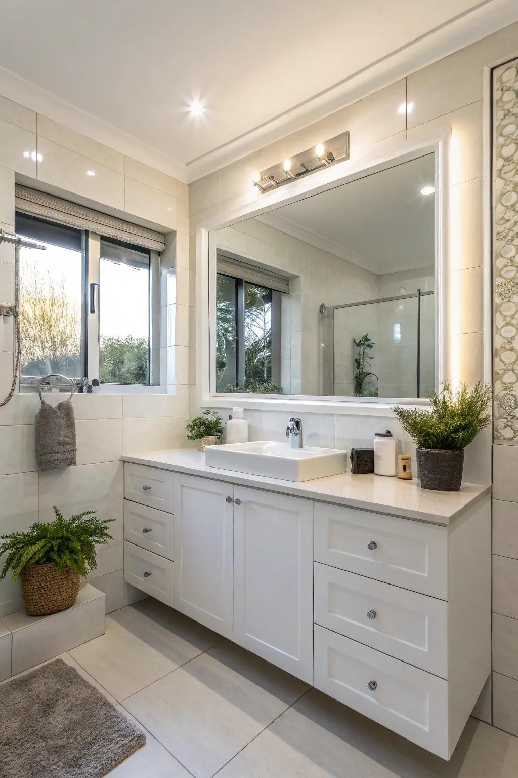 A corner-oriented dressing table proficiently capitalizes on space within a modest hall bathroom.