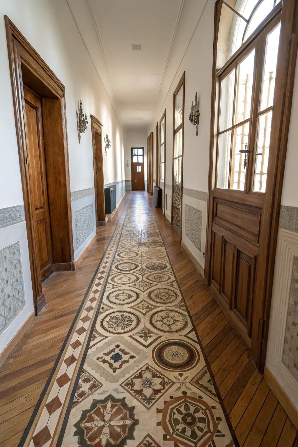 Combining floor textures adds depth and character to your hallway.