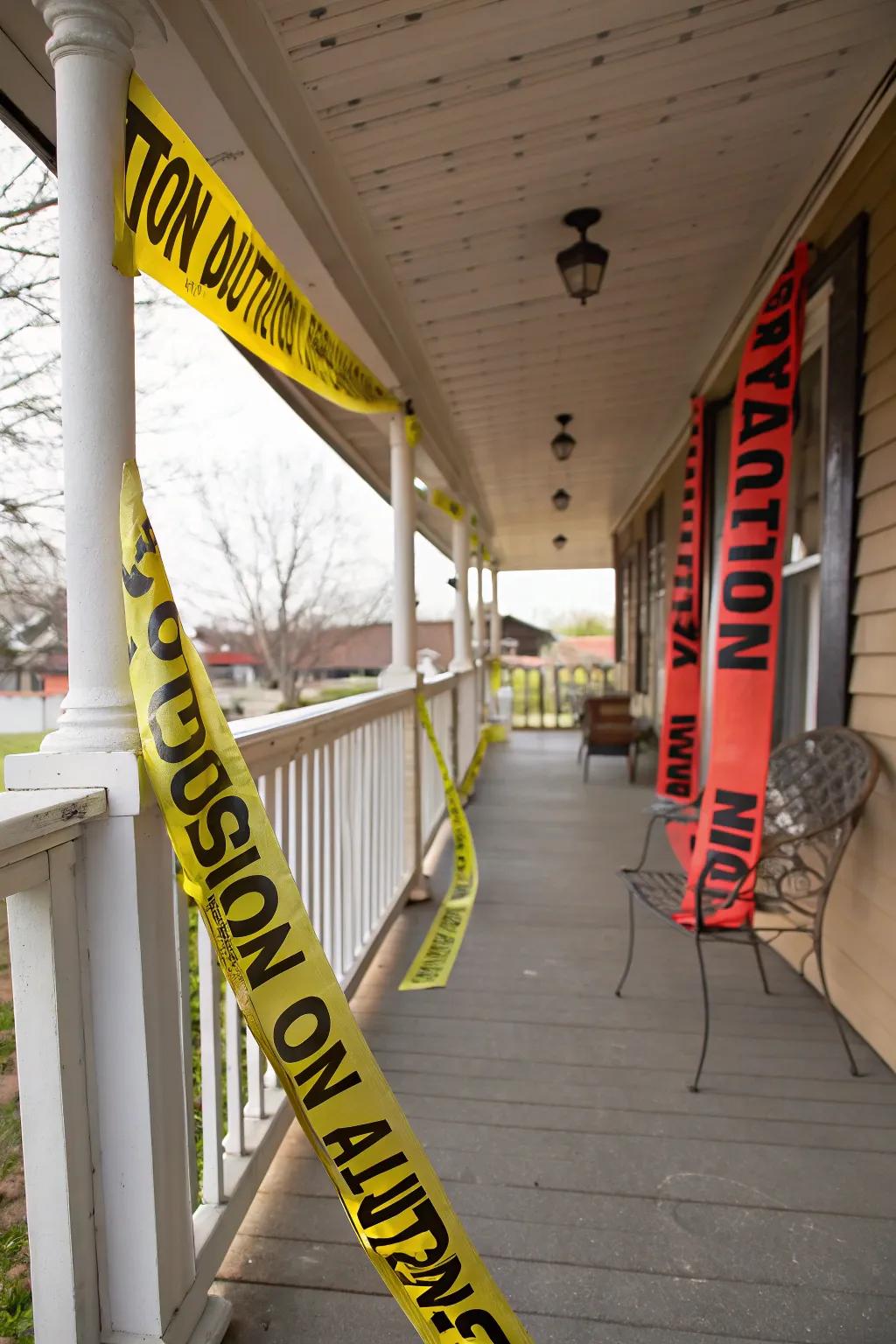 Handmade hazard tape banners enriching the Halloween spirit.