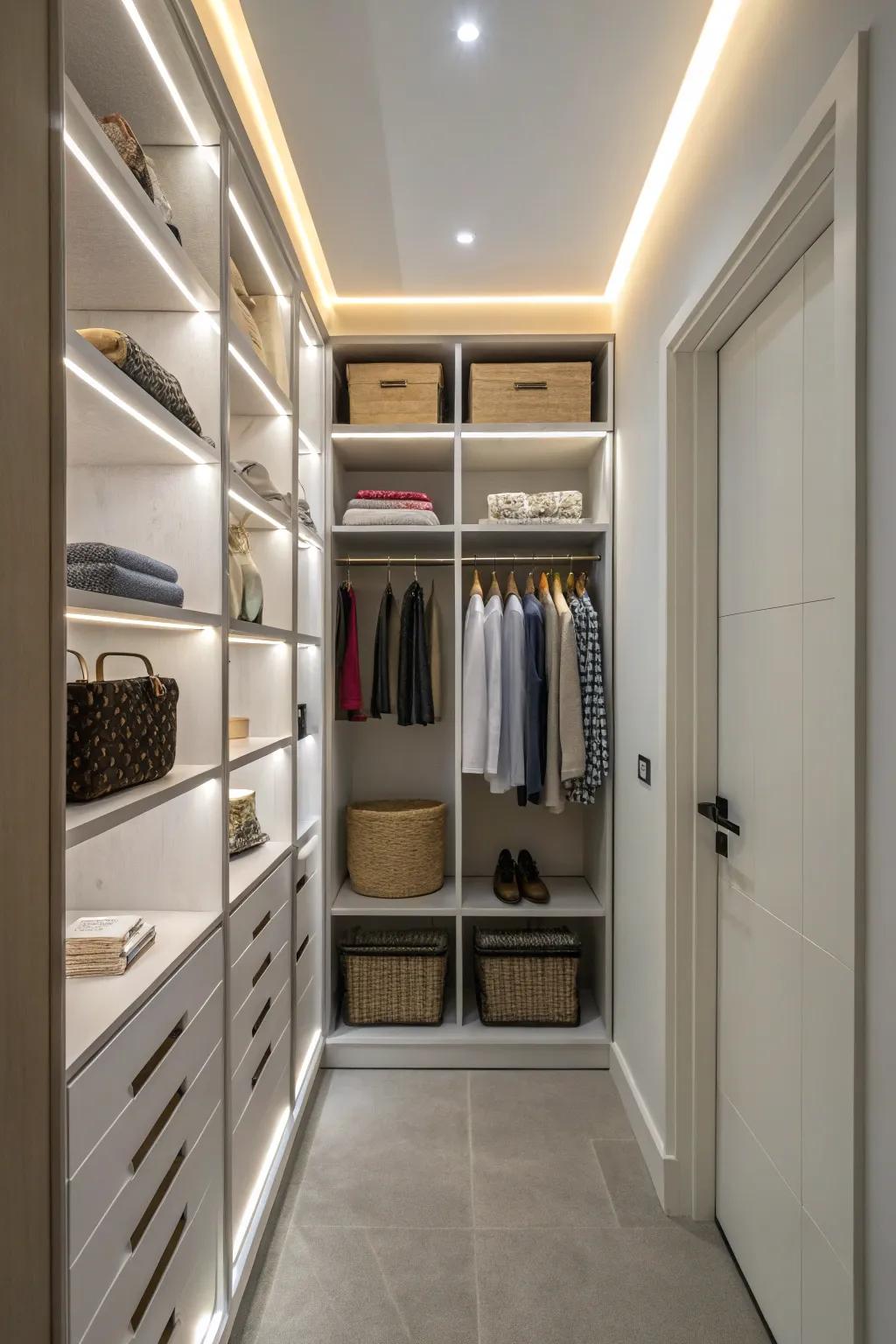 LED lighting inside a hallway closet that enhances visibility and is easy to use.
