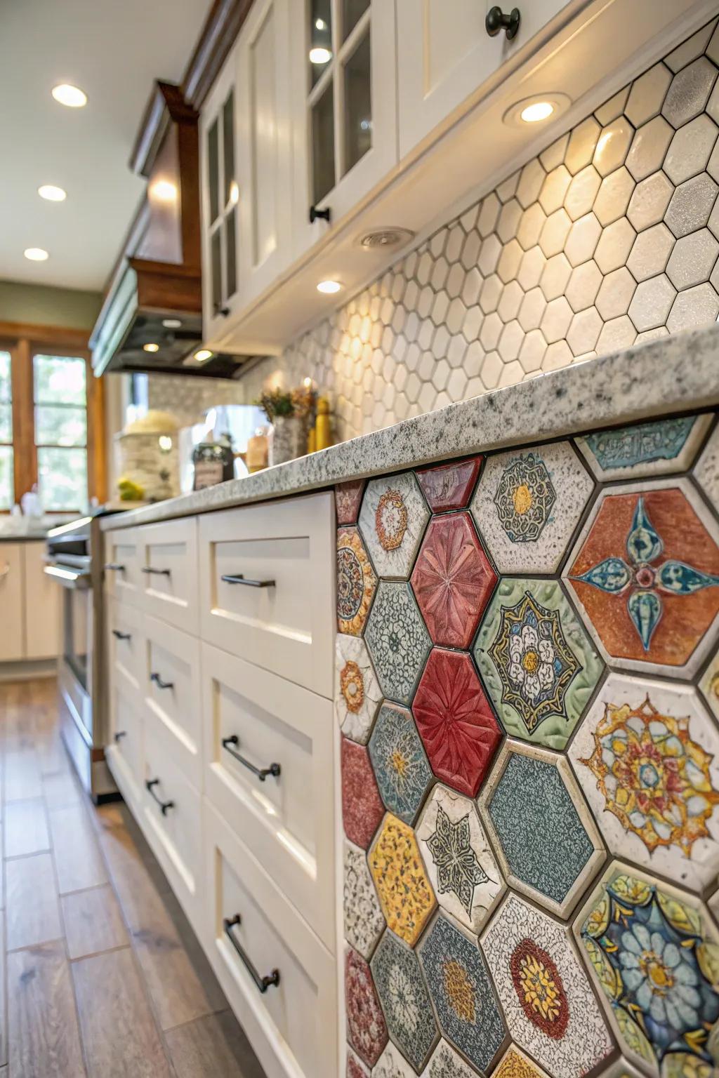 A geometric mosaic introduces a personalized artistic element to your kitchen.