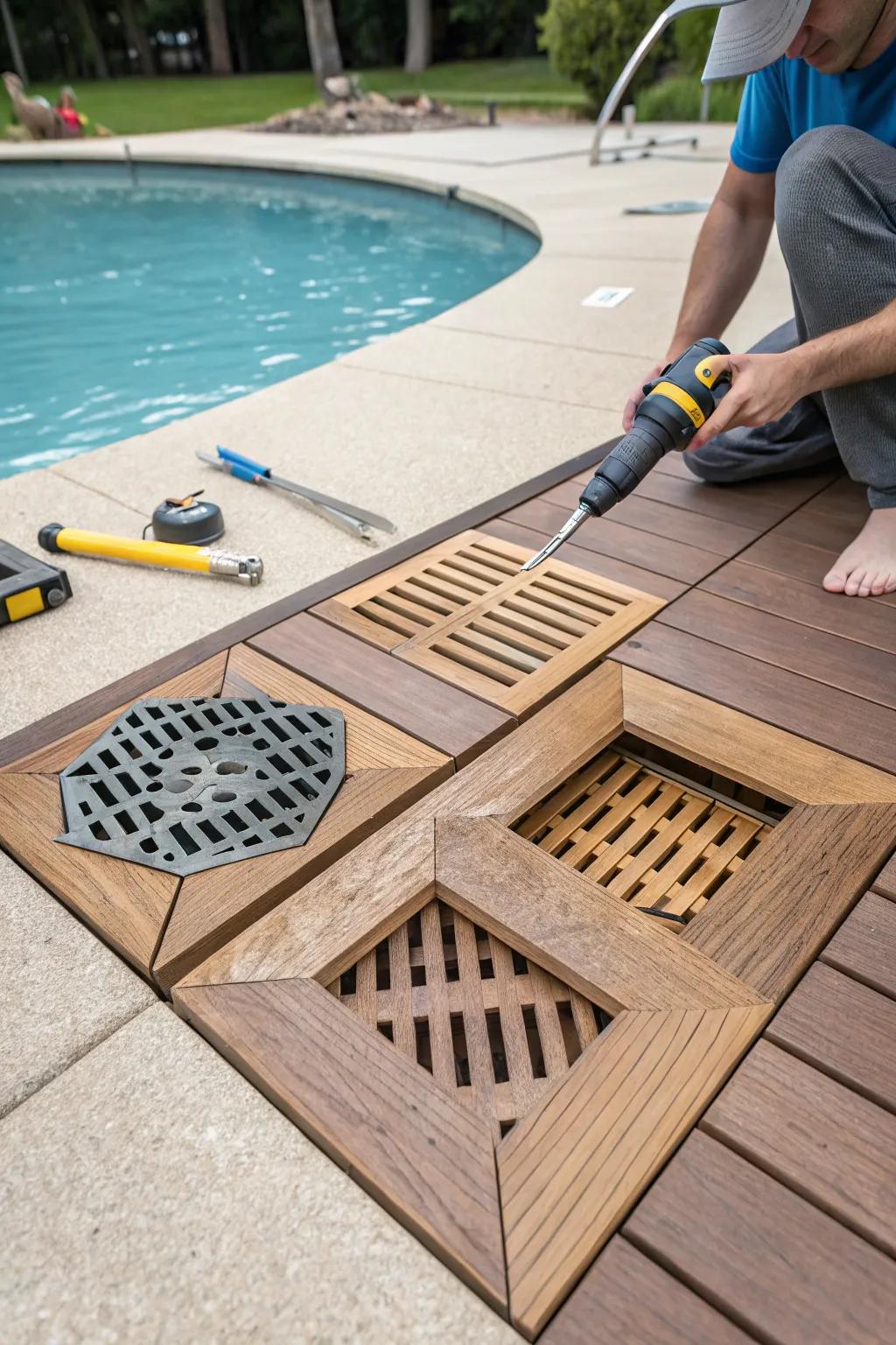 Handmade drain covers harmonize flawlessly with the deck's style.