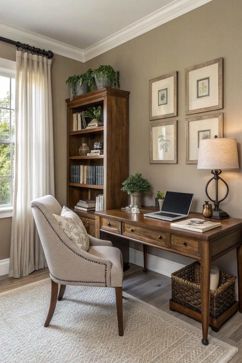 Fawn partitions contribute comfort and sophistication to this personal office.