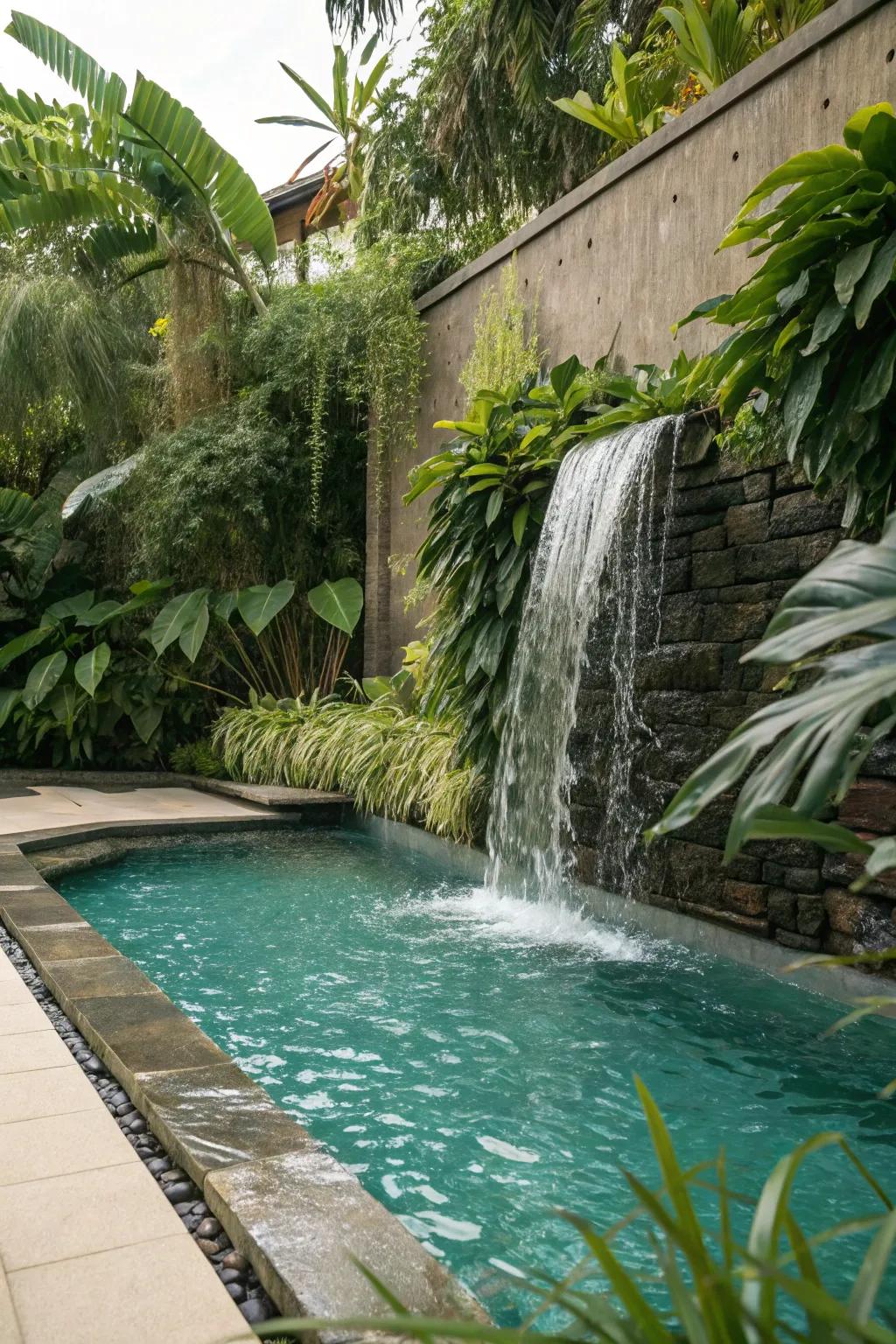 A pool featuring a cascade that provides a comforting atmosphere.