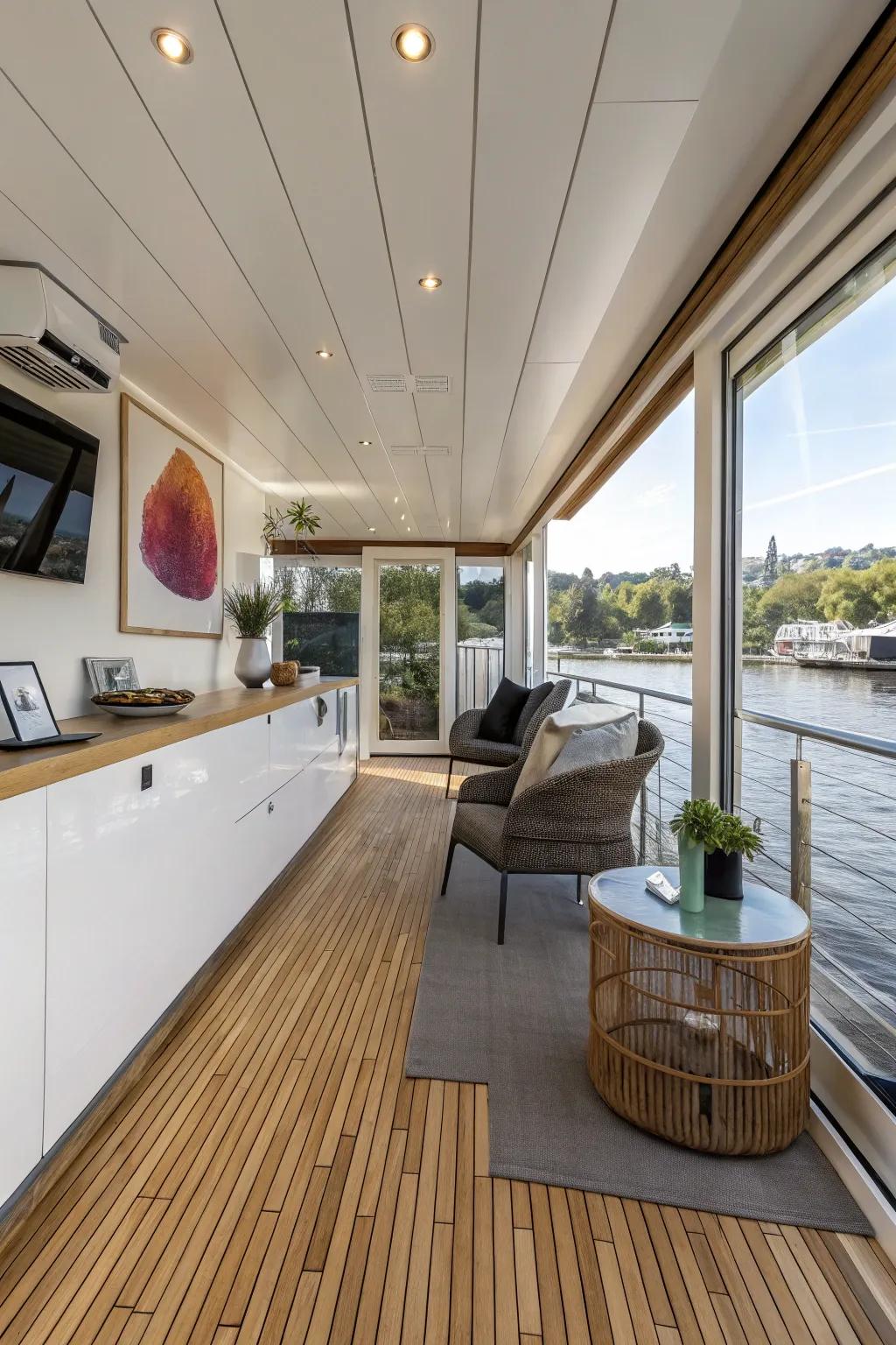 This houseboat's balance and style are maintained by the use of lightweight materials.