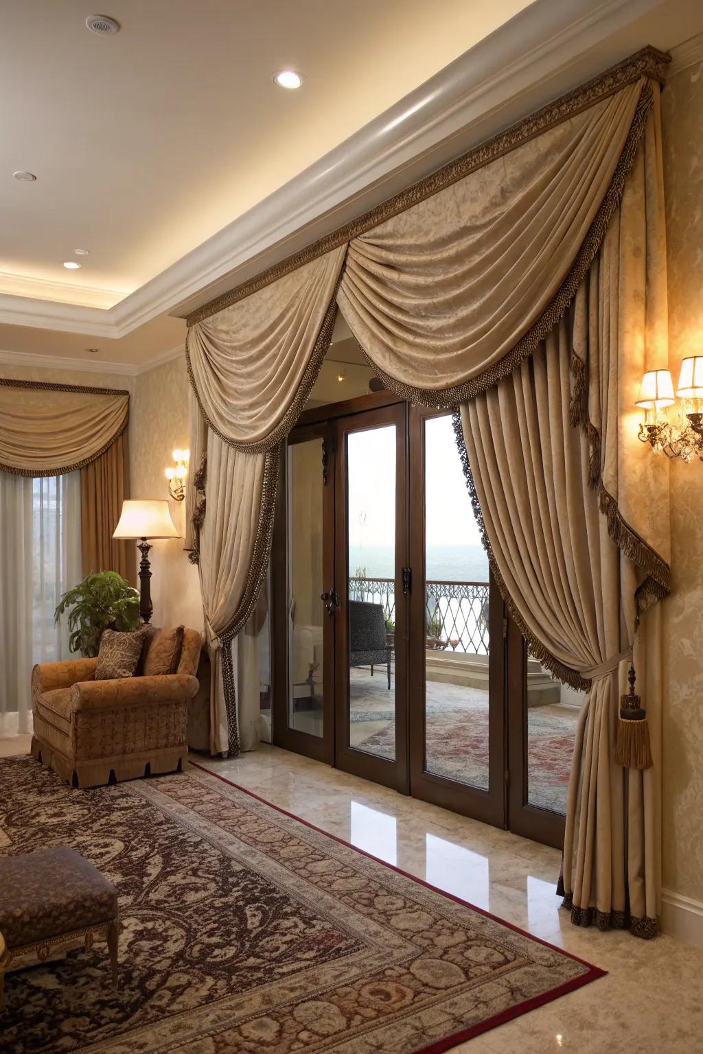 Layered drapery enhances richness and extravagance.