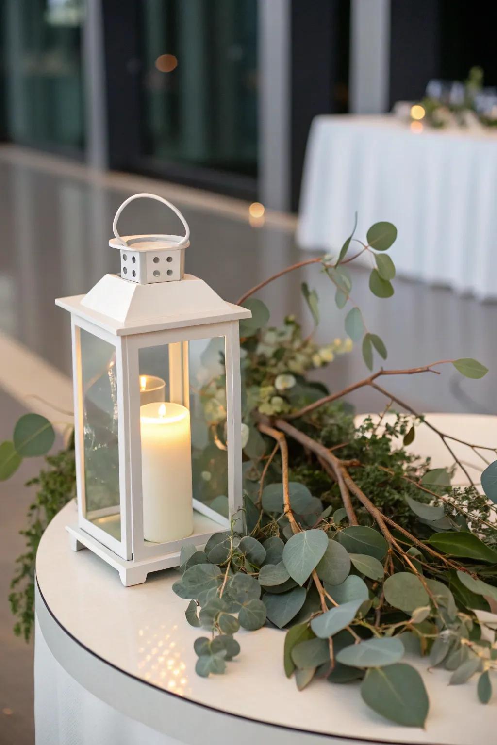 Elegant minimalist lantern featuring fresh greenery.