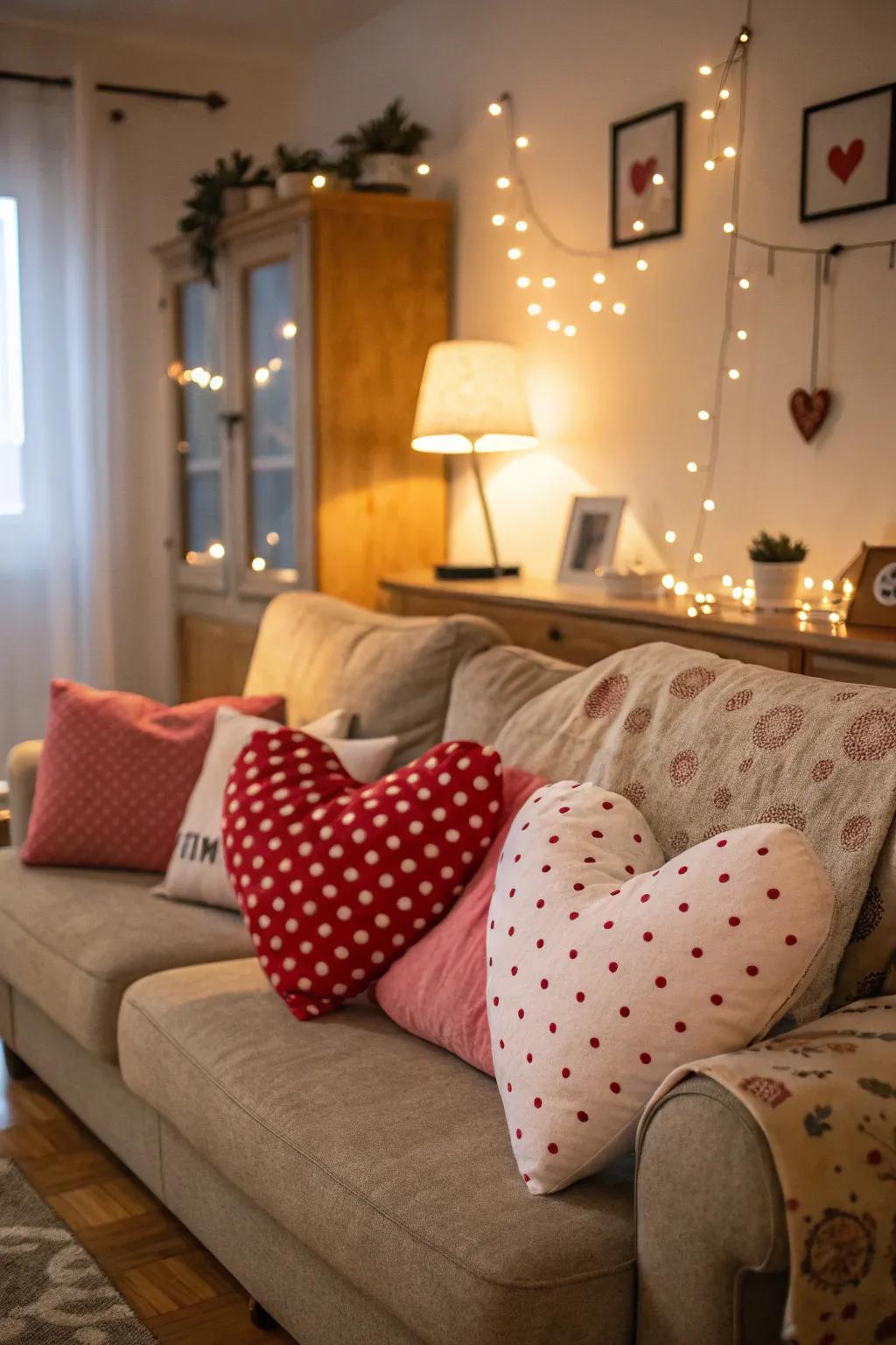 Heart-shaped cushions bring warmth and style.