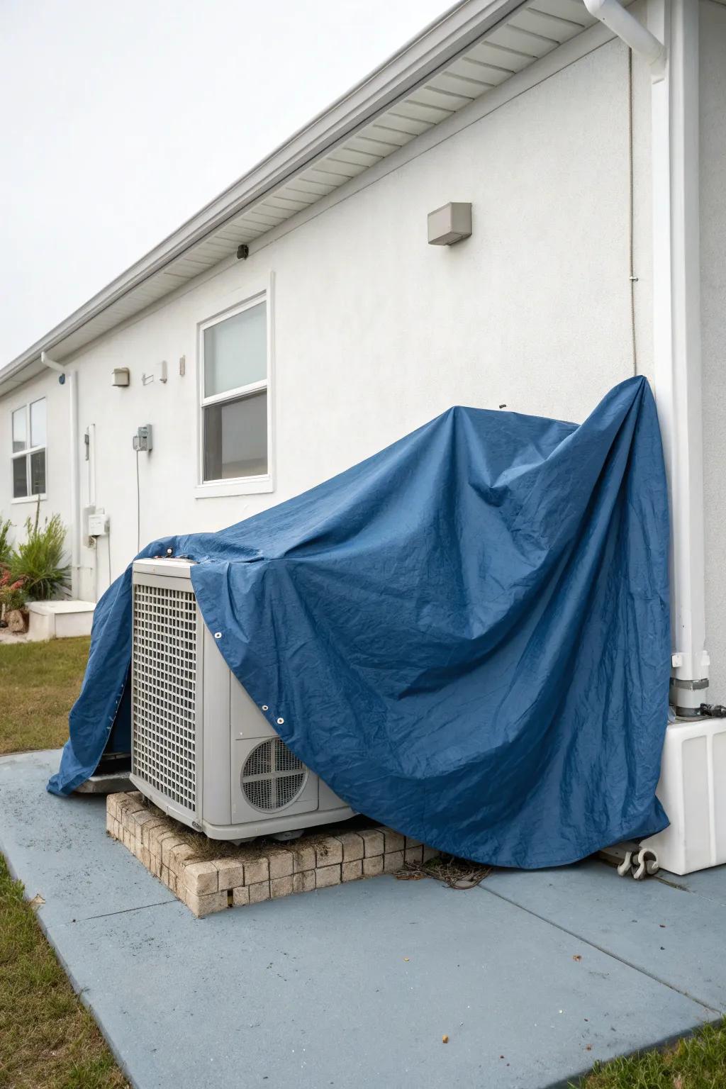 A neatly draped tarp offers temporary protection from intense sunlight.