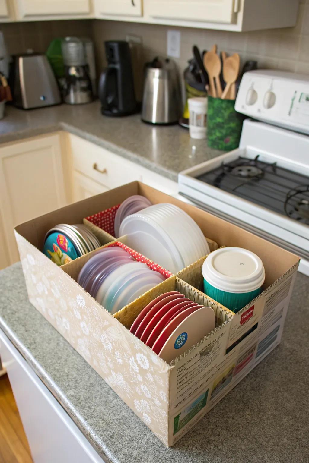 A cereal box repurposed as an organizer for plastic lids.