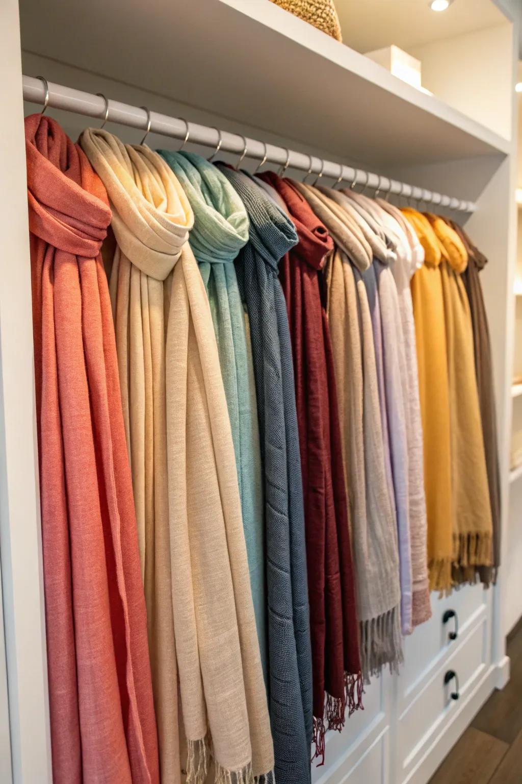 Hue-based storage enhances elegance and simplifies scarf selection.
