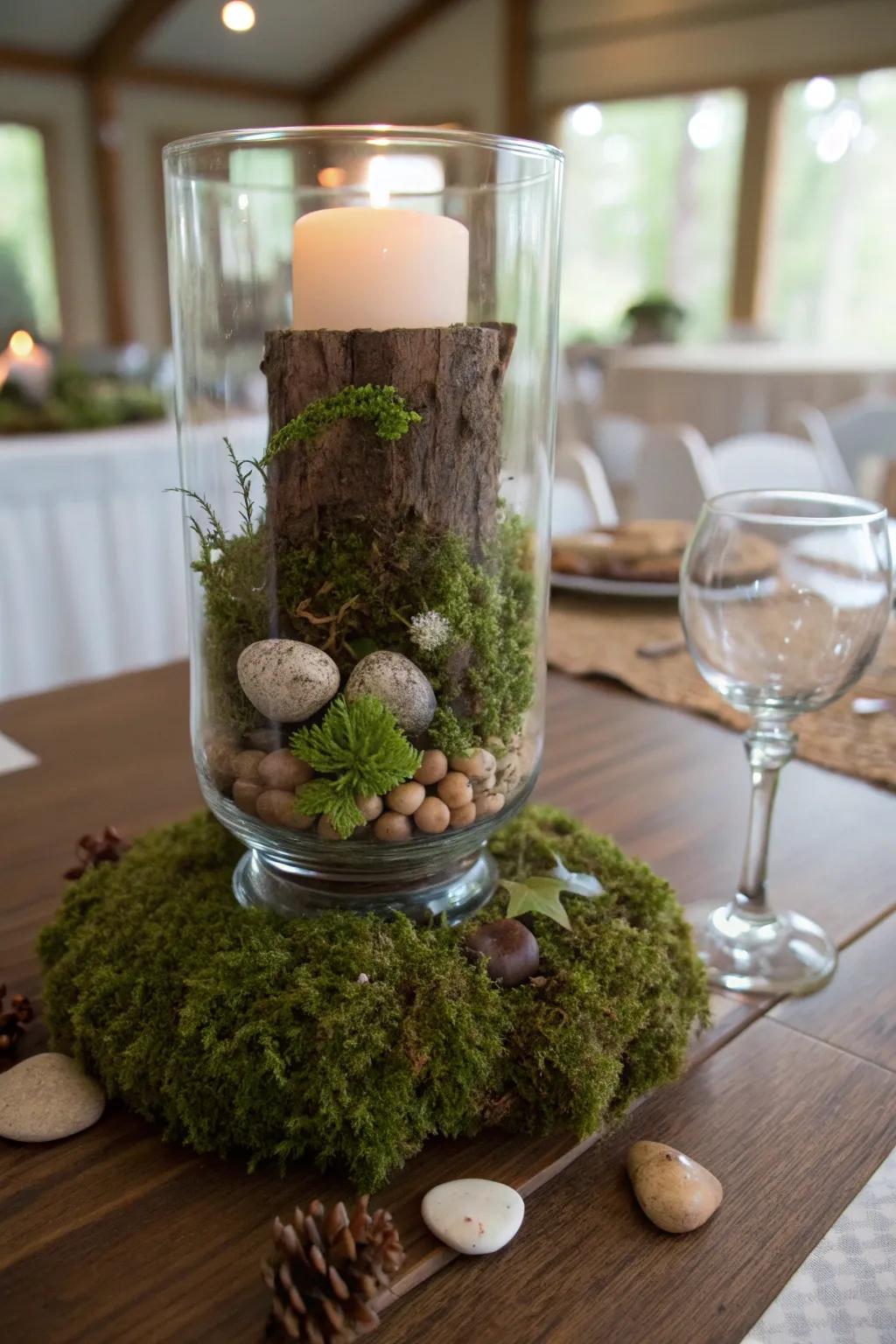 A small biodome enclosed within a wind-resistant holder for a trace of woodland enchantment.