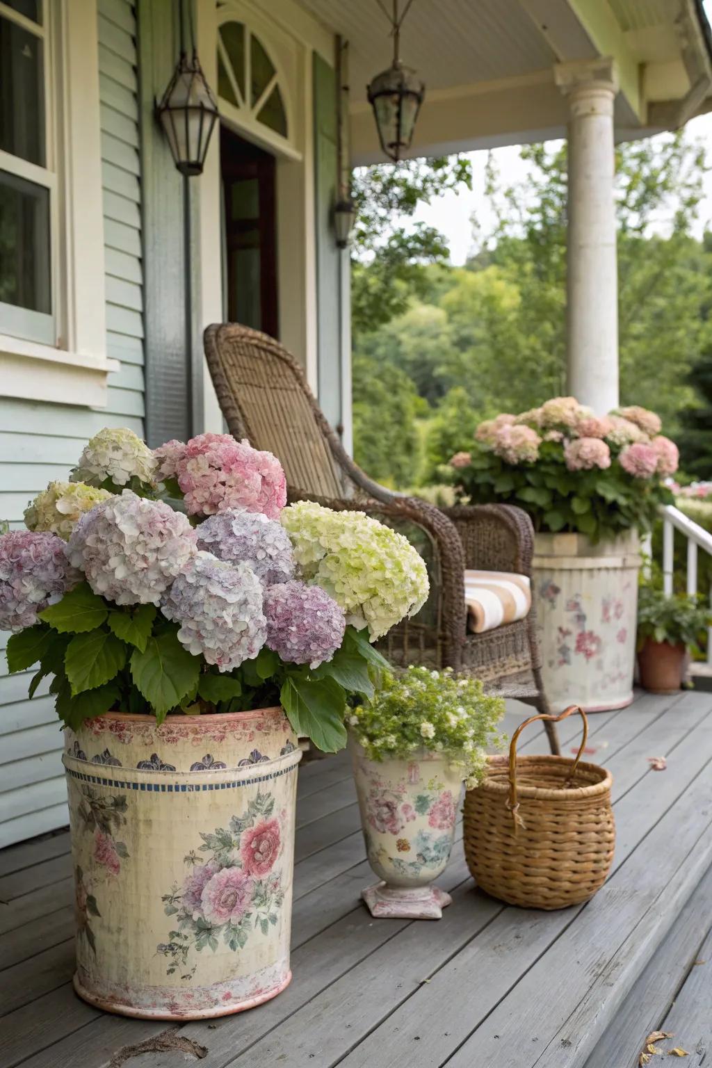 Retro-themed pots contributing nostalgic charm to container hydrangeas.