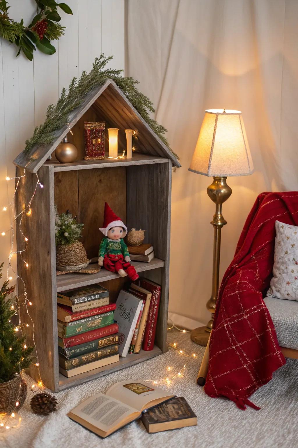 The elf settles into a cozy reading nook after a long journey.
