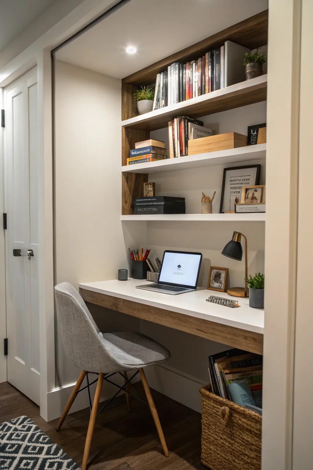 Design a practical and discreet office area with recessed shelves.