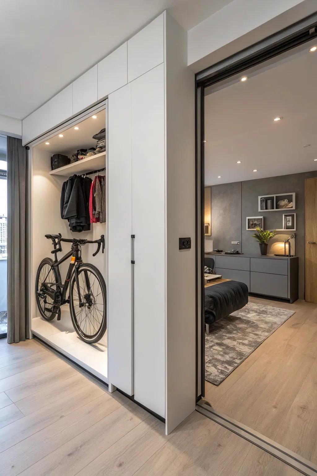 A closet converted into hidden bike storage keeps things tidy.