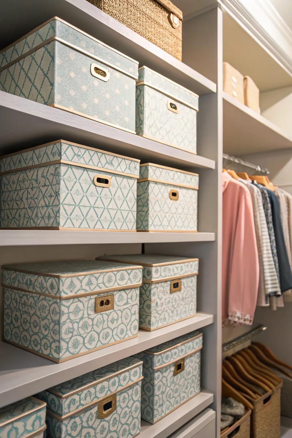 Use decorative storage boxes to make your closet more harmonious.