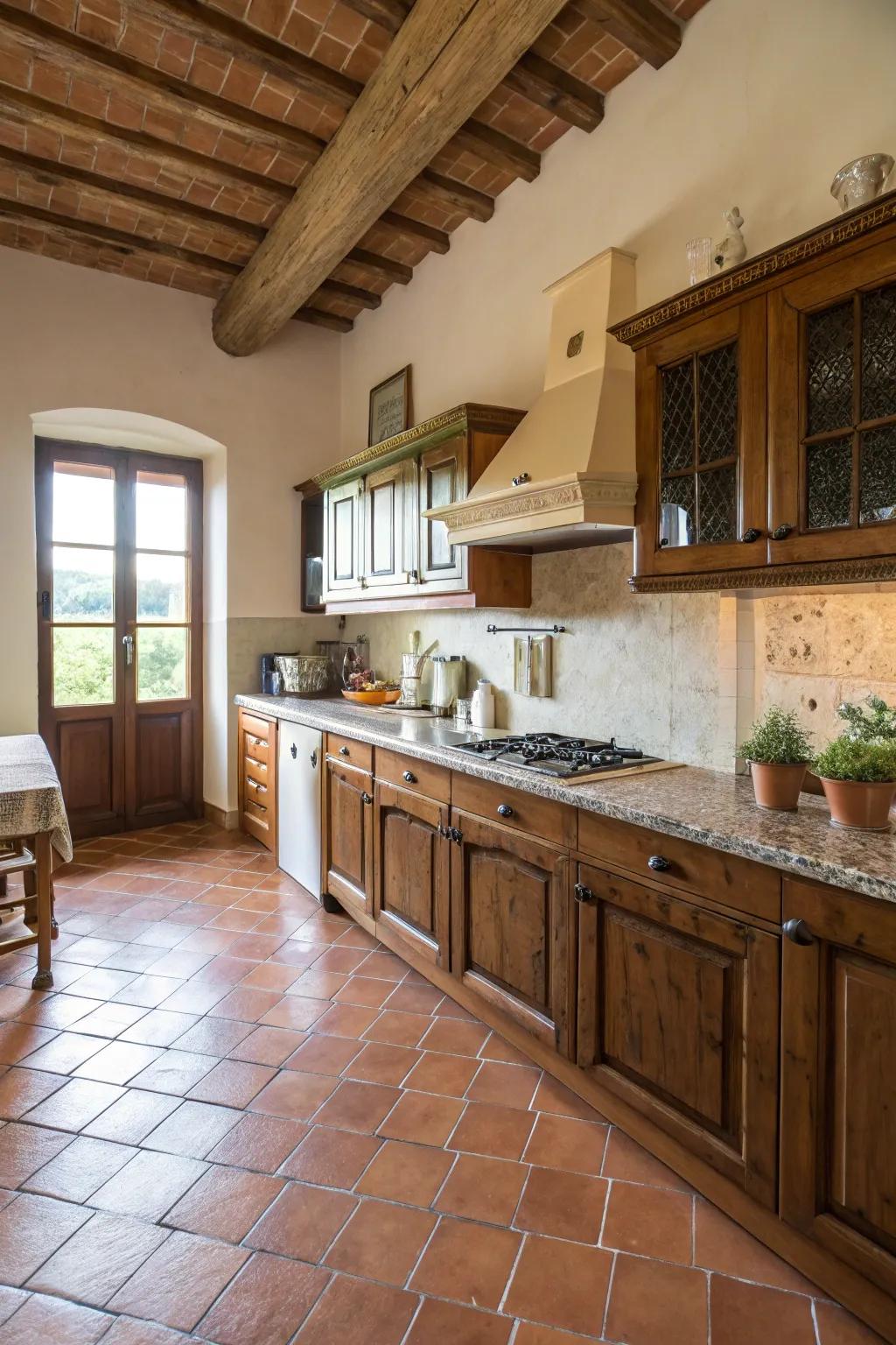 Clay tiles provide a classic Italian touch to the floor.