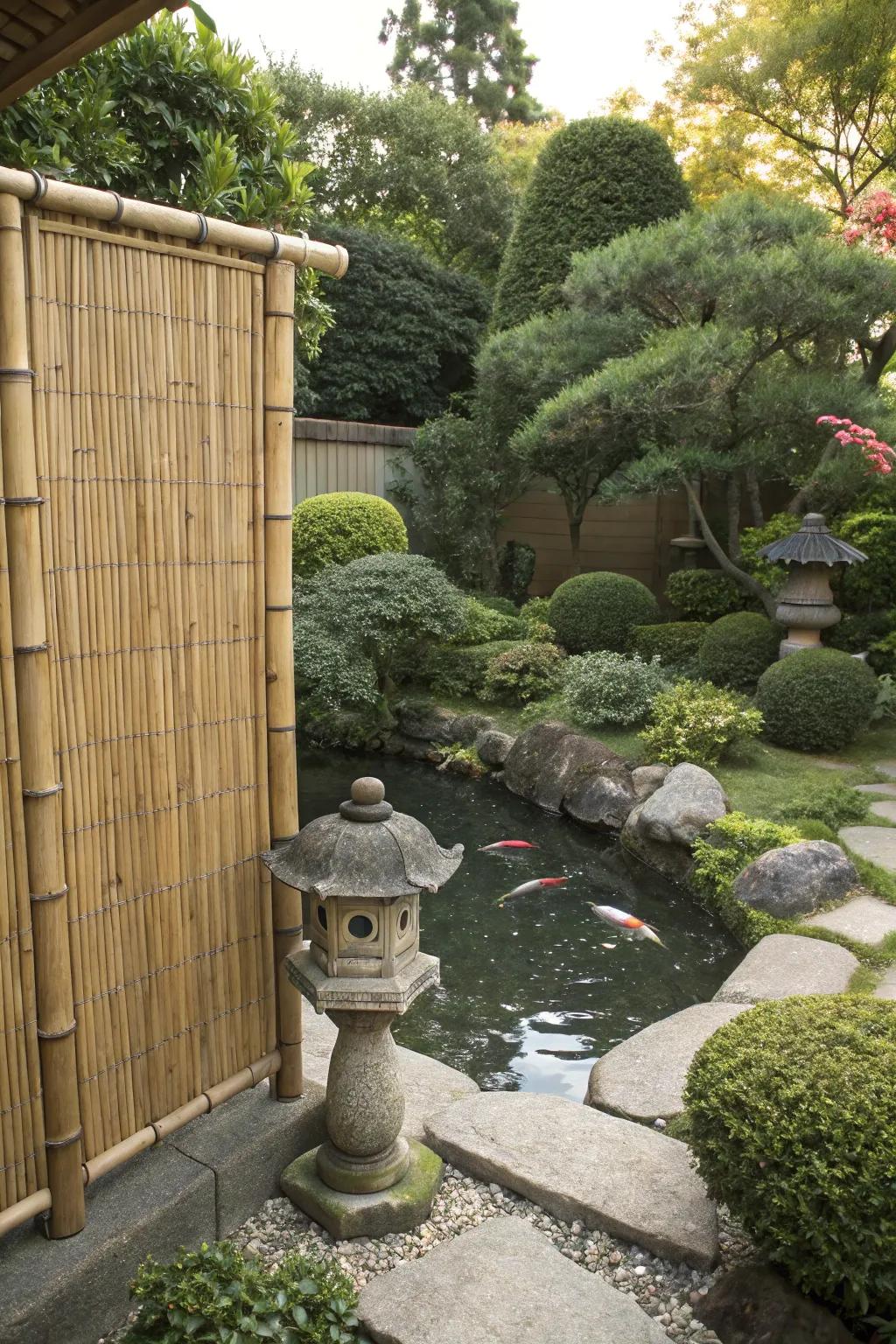 A cane shield delivering privacy in a Japanese garden.