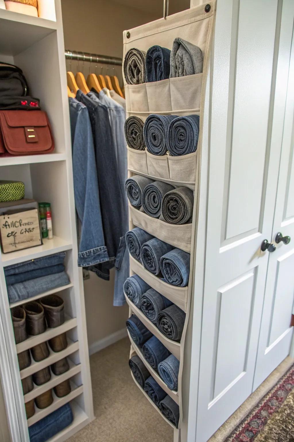 Employ a shoe organizer for clever jeans storage.