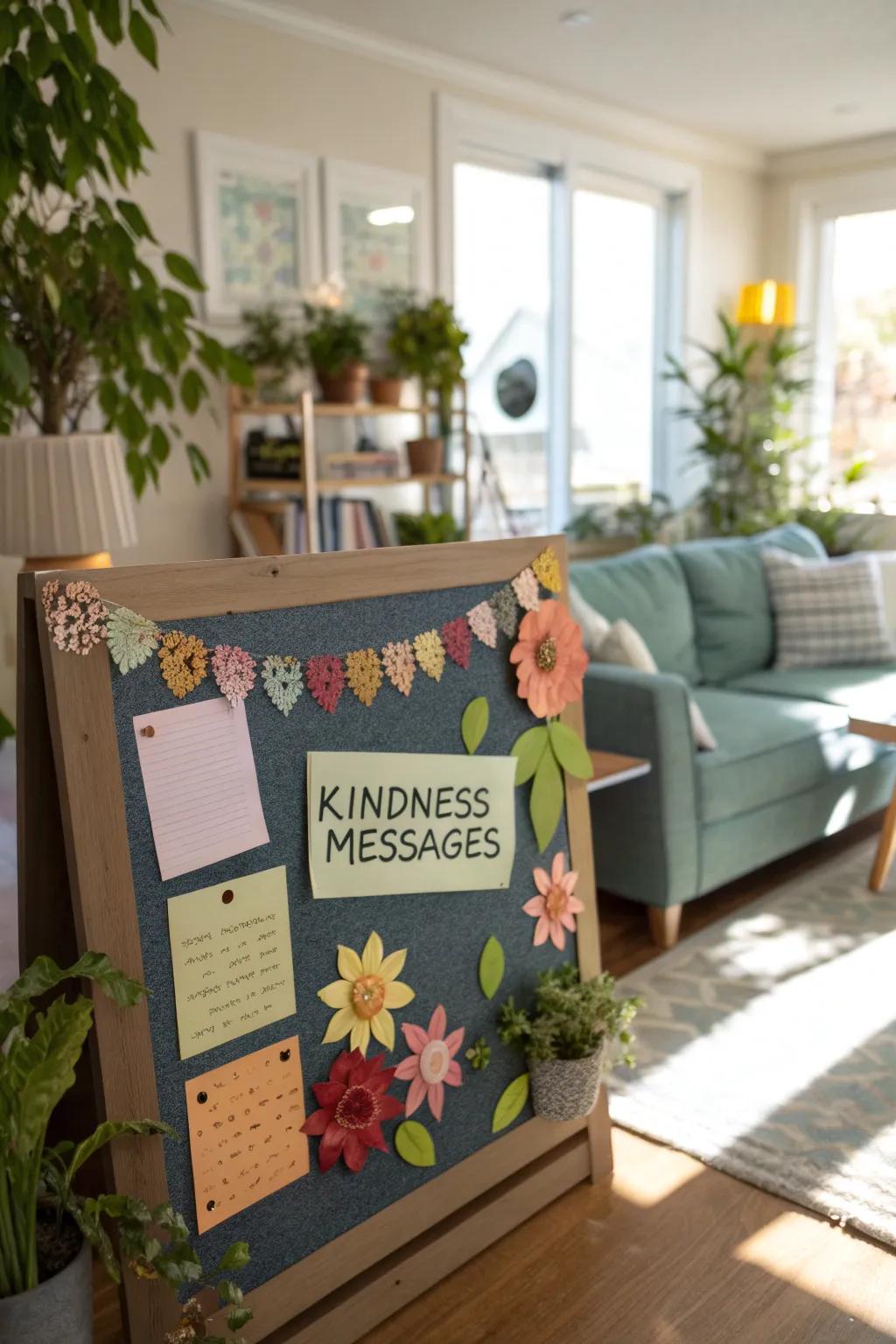 A sunlit living room features a garden-themed kindness bulletin board, blooming with paper flowers.
