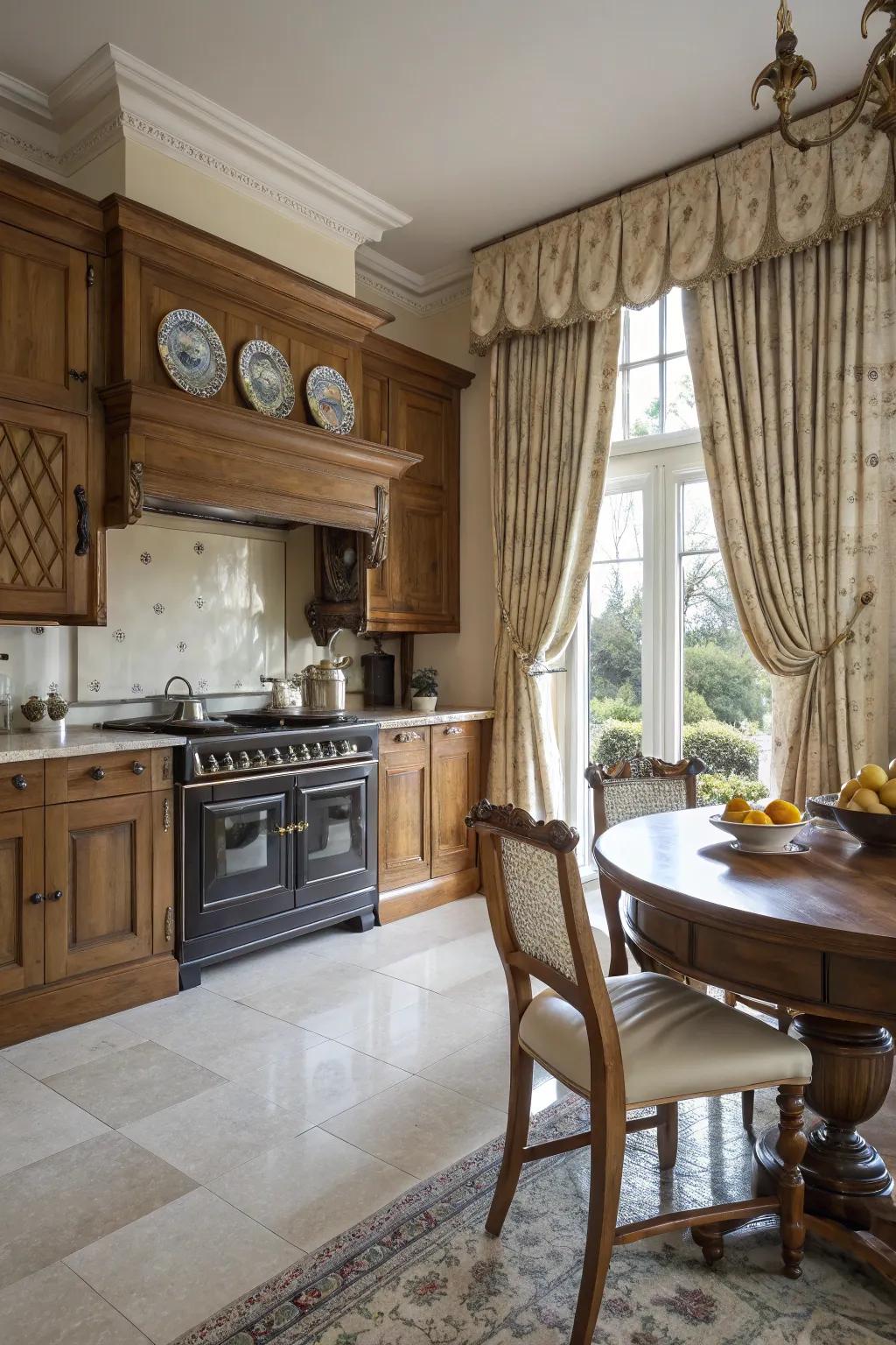 Pinch pleat drapes add a touch of sophistication to your kitchen.
