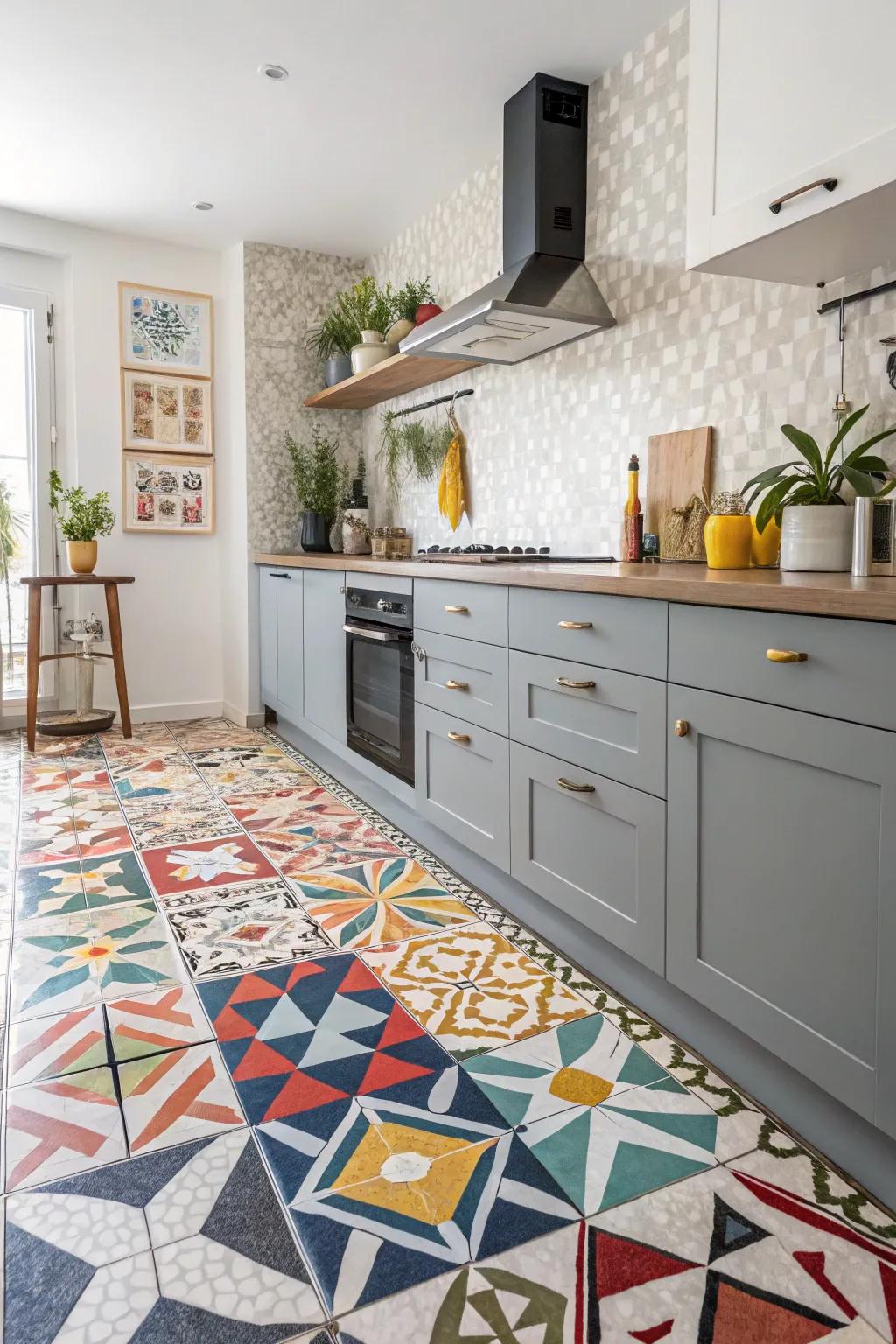 Geometric designs convert flooring into artistic expressions.