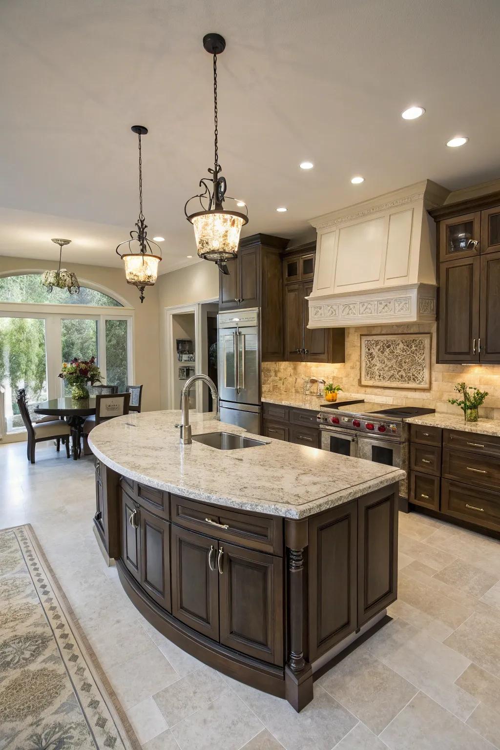 A dramatic curved kitchen island, enhancing the flow of the entire room.