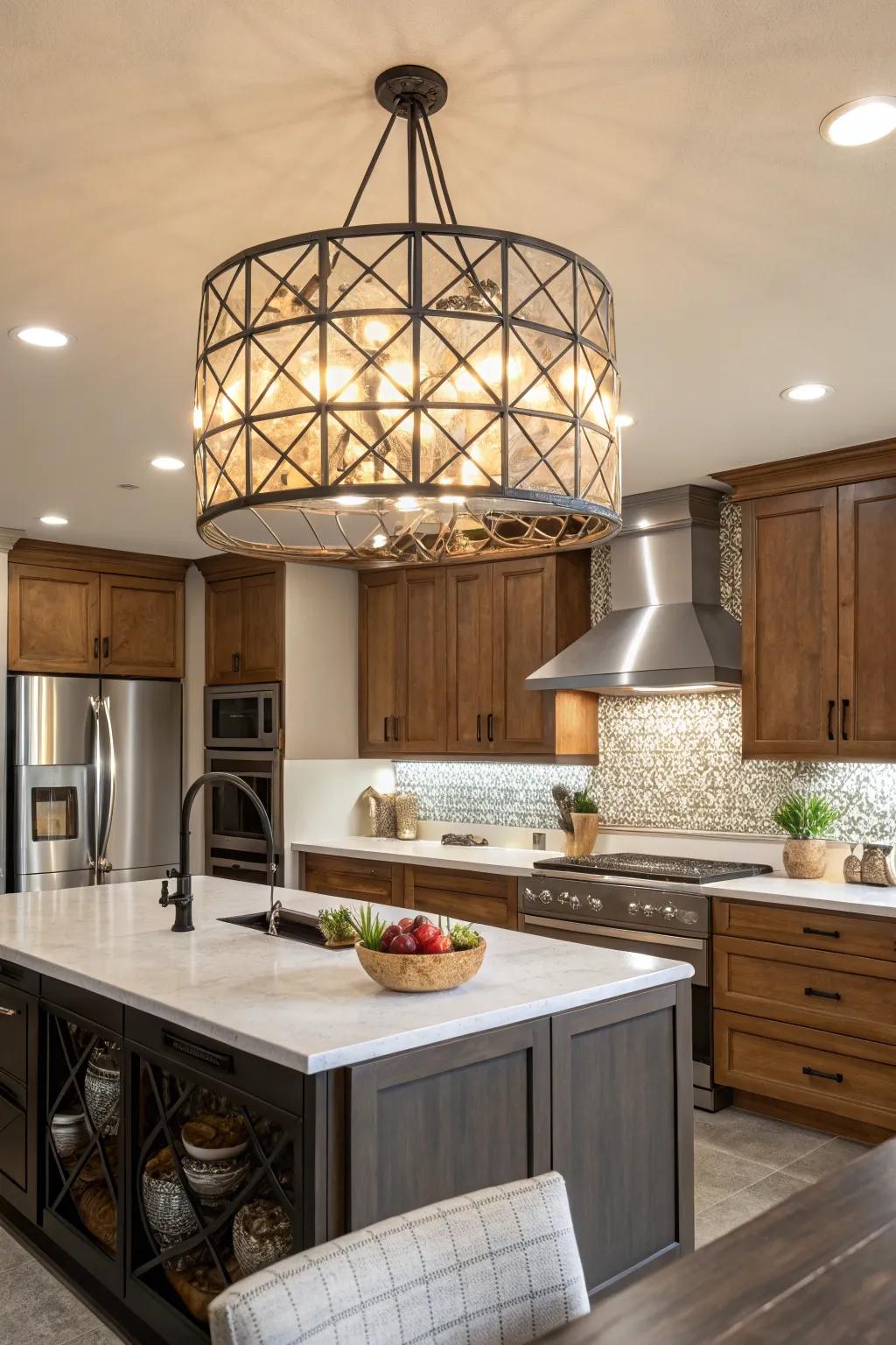 A large statement light transforms this kitchen into an extraordinary space.