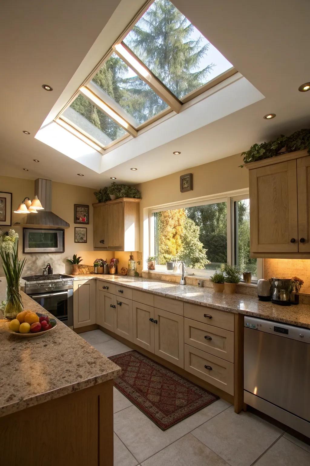 A kitchen that's enhanced by the natural lighting from a skylight.