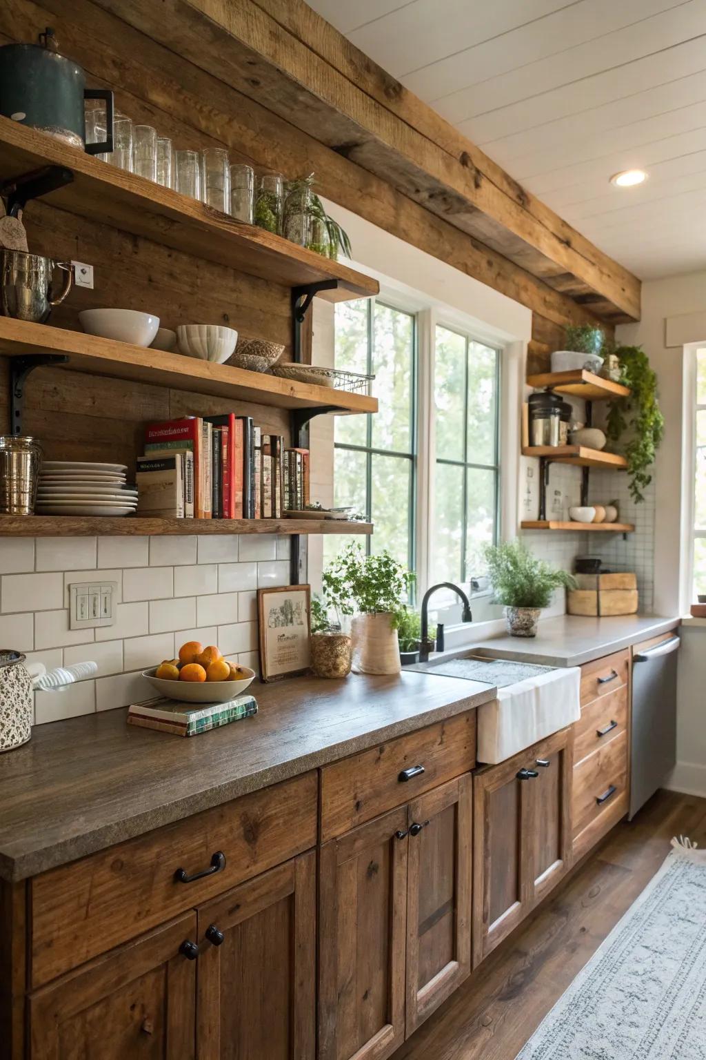 Shelves of reclaimed wood introduce warmth and rustic charm to the kitchen.