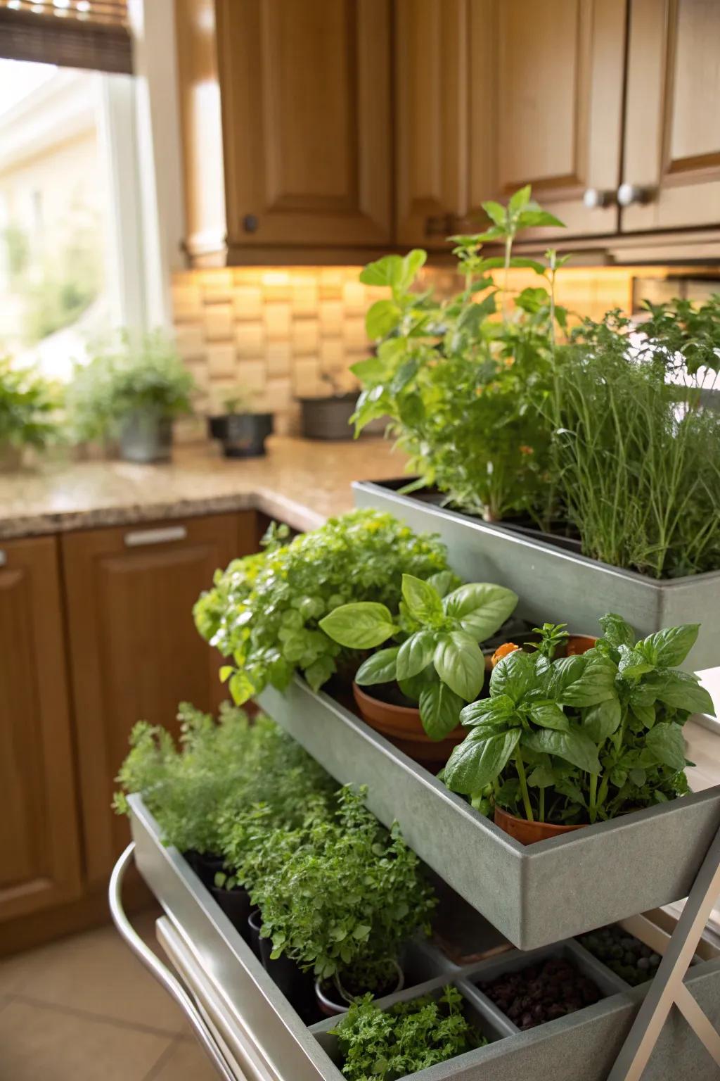 Cultivate an indoor herb sanctuary with multi-level planters.