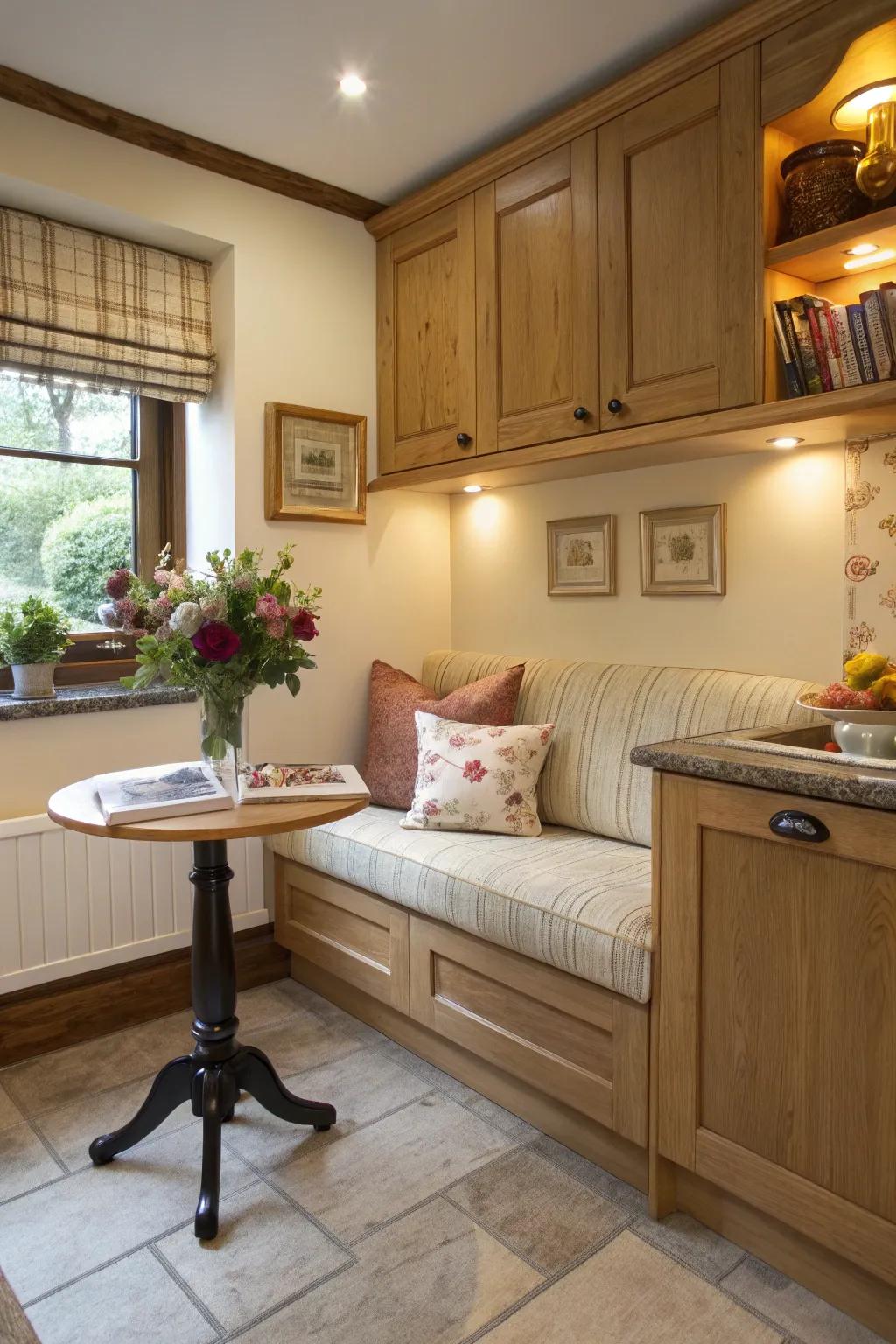 A kitchen corner changed into a cozy nook by a compact couch for relaxation.