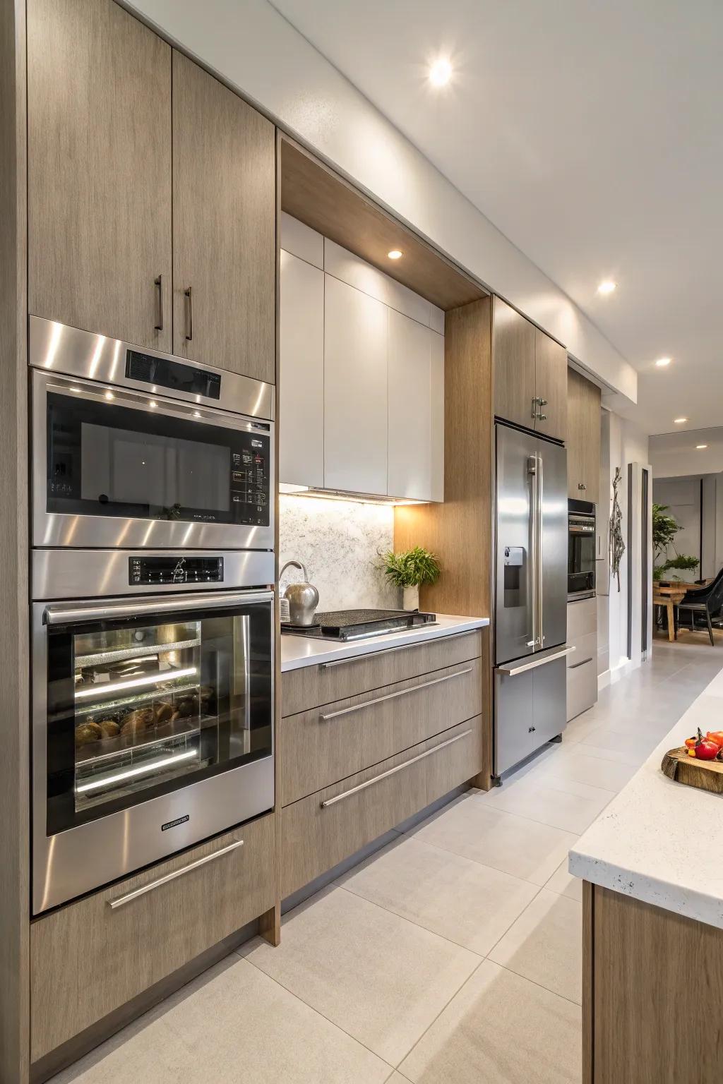 Integrated appliances ensure a cohesive design in windowless kitchens.