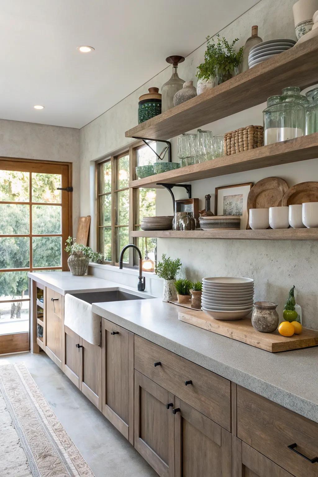 A functional cooking area with cement worktops and stylish open shelving.
