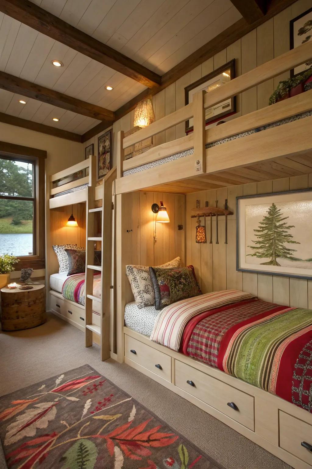 A bunk room furnishes a playful and inviting space for visitors.