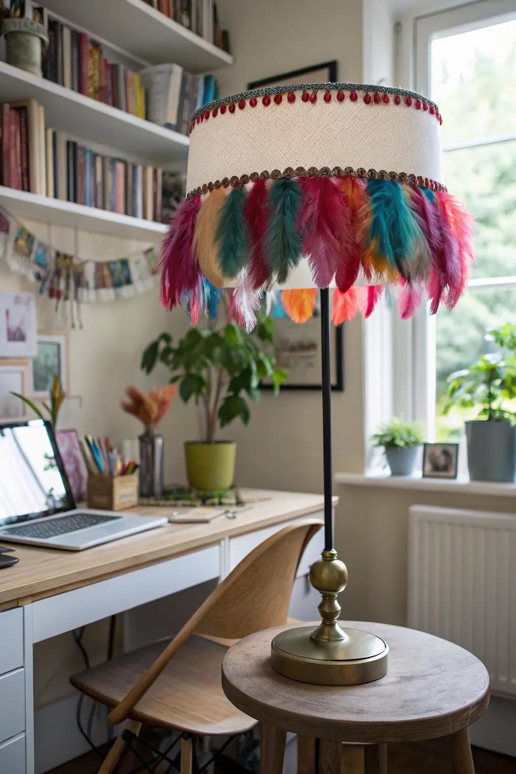 Infuse whimsy by feather decor on your lampshade.