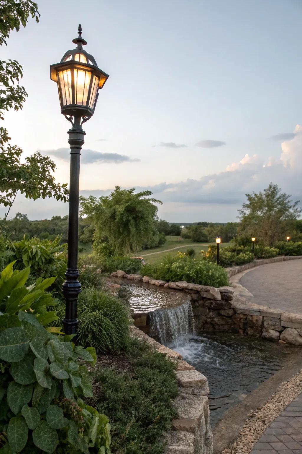 A serene water feature enriching a lamp post setting.