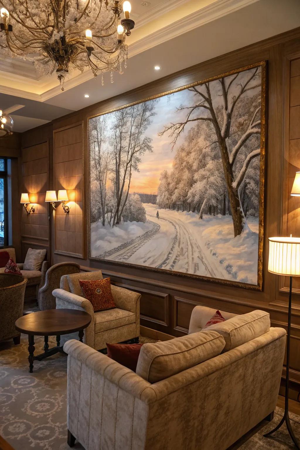 A winter scene painting provides a warm, seasonal touch to the room.
