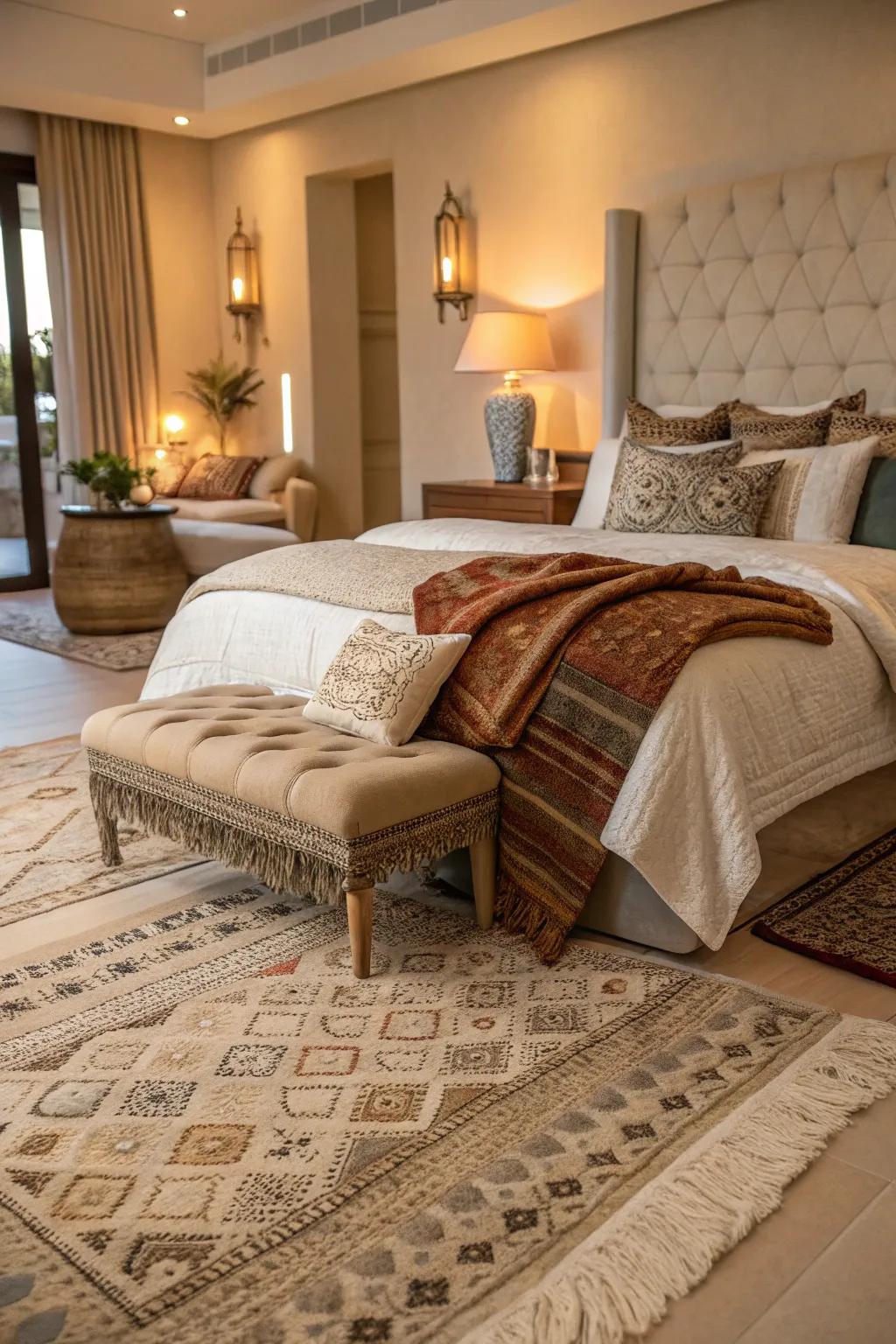 Layered textures add depth and coziness to the bedroom.