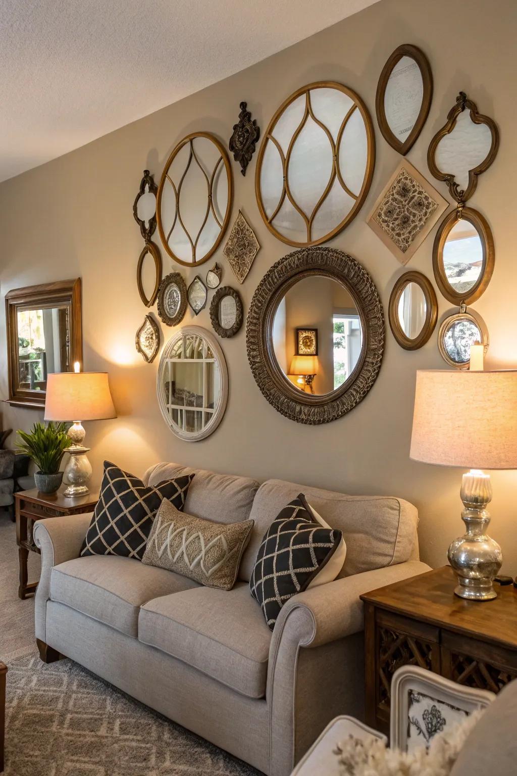 The use of a glass gallery wall gives depth and artistic flair.