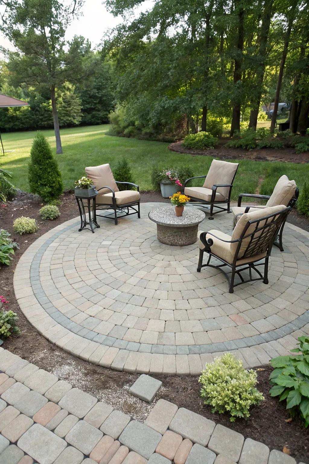 Circular blueprints impart elegance and concentrate visual attention within patio expanses.
