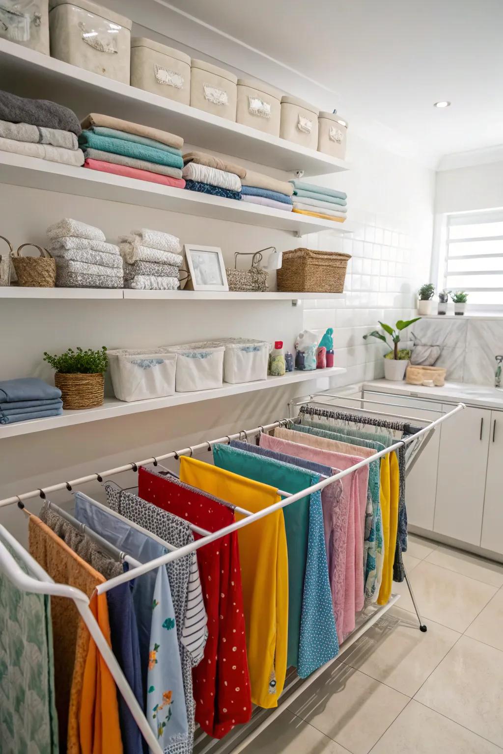 Sub-shelf drying racks that optimize space in a small laundry room.