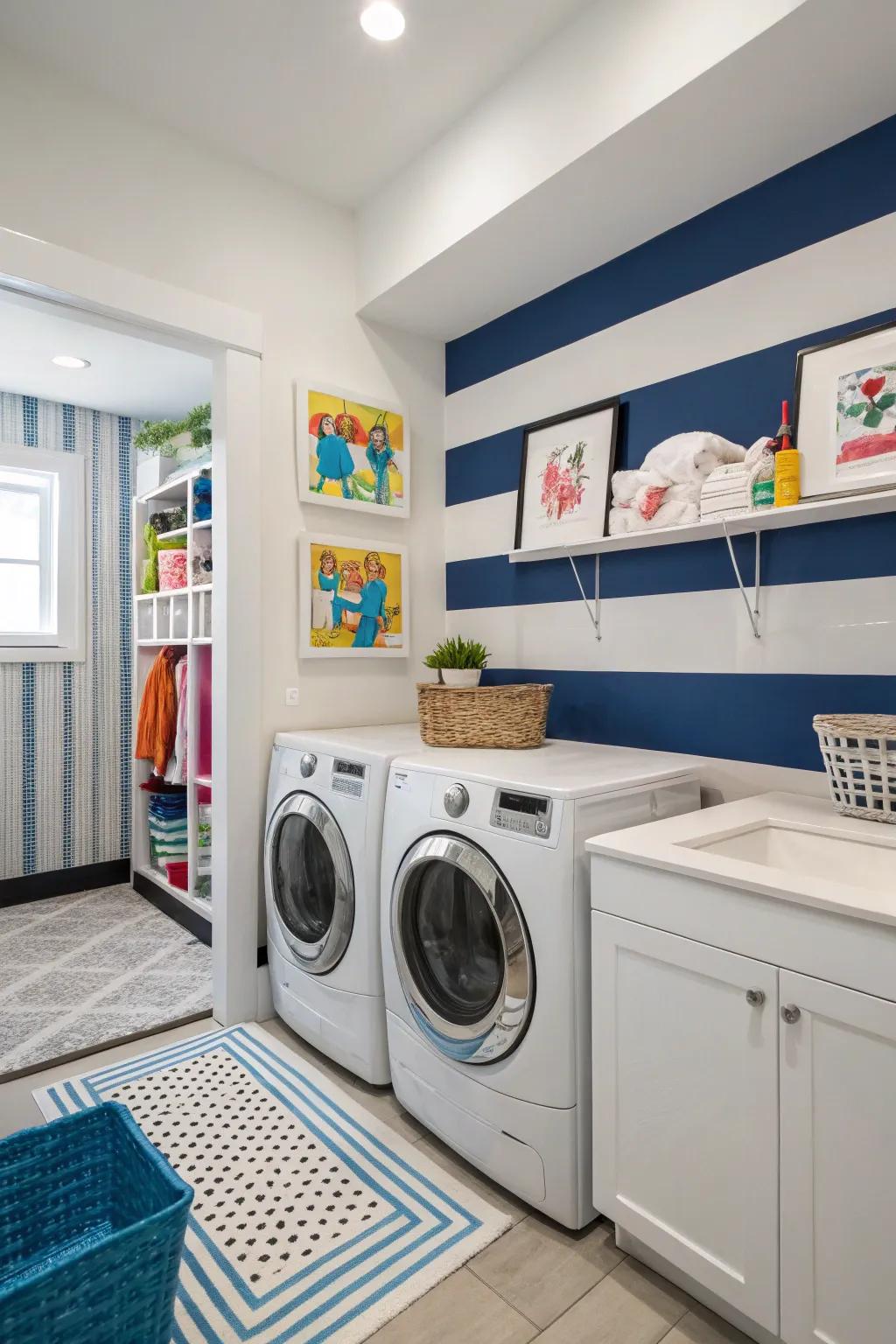 Lined walls bring a playful dynamic to your laundry space.