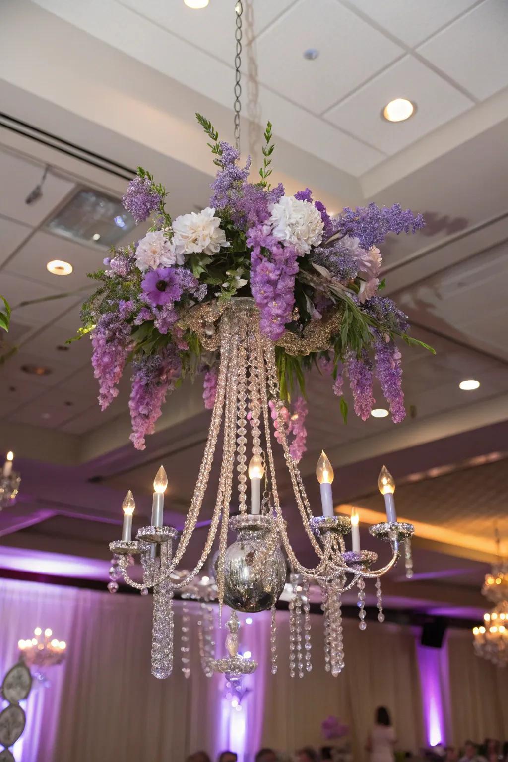 A breathtaking flower chandelier that adds drama and beauty to the venue.