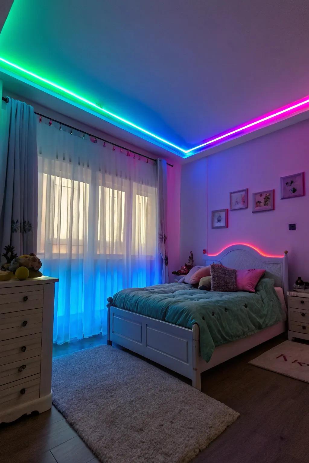 Using <strong><em>LED</em></strong> strips, create vibrant colors for a dynamic bedroom.” loading=”lazy” class=”pimg”>
	</picture><figcaption>Using <strong><em>LED</em></strong> strips, create vibrant colors for a dynamic bedroom.</figcaption></figure>
<p>Using <strong><em>multicolor LED</em></strong> strips allows you to easily adjust the mood of your space, which is ideal for people who value versatility. I like playing around with colors to make different atmospheres that suit my mood.</p>
<h3>Maybe worth checking out:</h3>
<ul class=