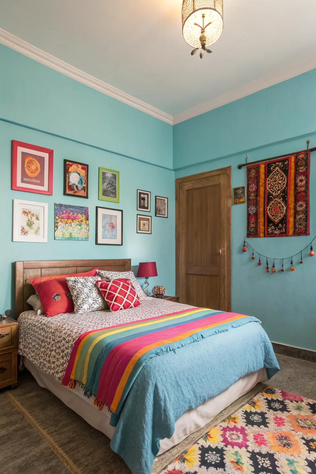 A sleeping quarter featuring sky blue walls contrasted with bold colors for dynamic energy.