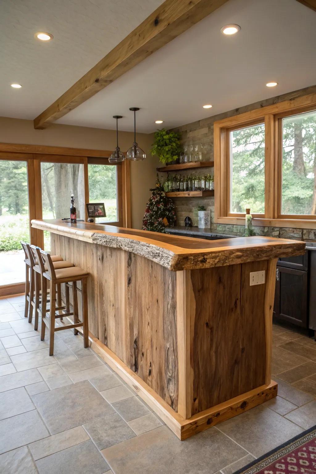 A live edge bar is made of locally acquired wood, emphasizing sustainable design.